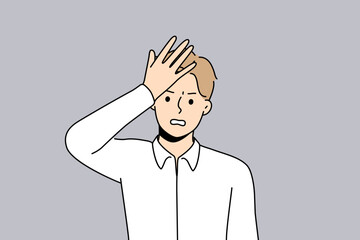 Unhappy young man make hand gesture remembering or forgetting something. Distressed male frustrated with idea or thought. Vector illustration.  - obrazy, fototapety, plakaty