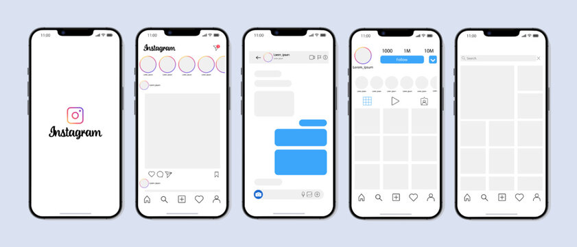 Instagram In Iphone. Set Screen Social Media And Network Interface Template. Photo Frame. Stories, Liked, Stream, Feedback, Personal Profile, Chat, Reels, Feed, Trending. Editorial