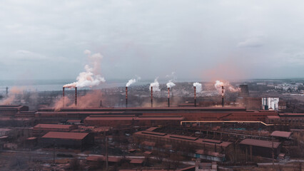 A chimney chemical plant in the discharge of pollutants, Industry Pipes Pollute the Atmosphere With...