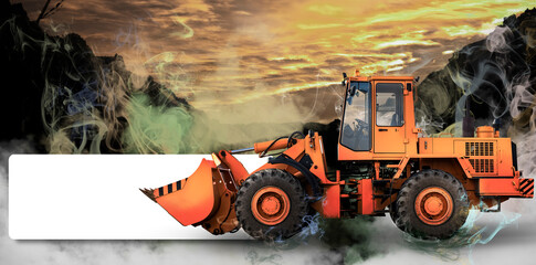 Bulldozer or loader at a construction site working in smoke or fog. Powerful wheel loader or bulldozer with a large bucket. Complicated building work. Construction equipment for earthworks.