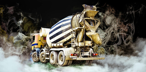 Concrete mixer truck at a construction site in smoke or fog. Delivery of concrete for pouring foundations and building structures. Concept for advertising and design. Transportation of concrete. - obrazy, fototapety, plakaty