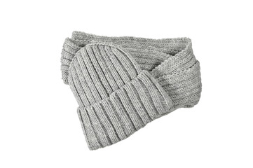 Gray wool knitted hat-scarf, highlighted on a white background. Knitted hat with knitting needles with curved brim. Knitted warm hat. Outdoor headwear