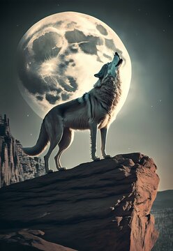 Silver-furred wolf howling on a cliff