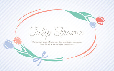 コピースペースのあるシンプルな可愛い春のお花のチューリップフレームのベクター素材_赤色青色ストライプ_横長