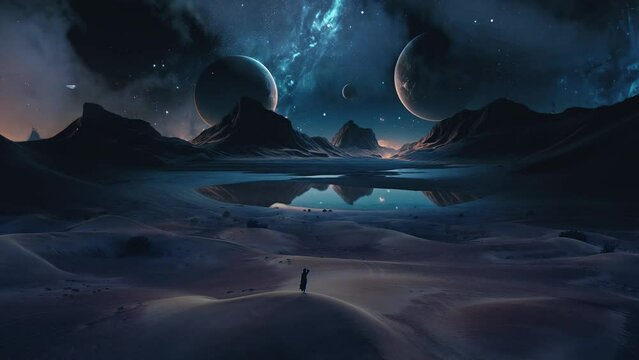 Aerial view of Arab woman in the desert at night time.