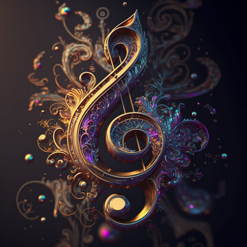 Classical music, golden treble clef and musical notes illustration made with Generative AI