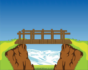 Landscape of the deep ravine and wooden bridge through it