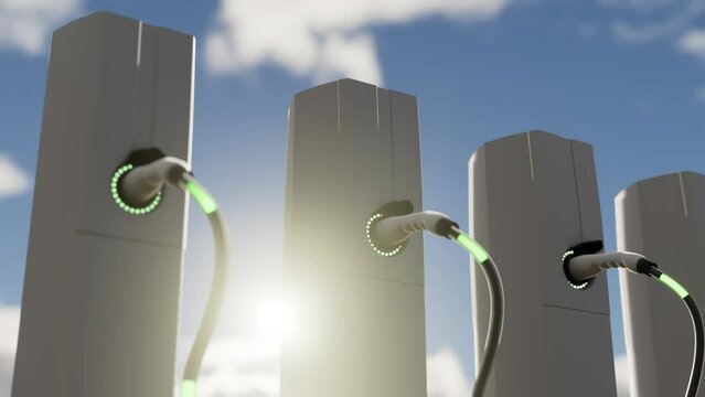 Realistic 3d rendering of Charging at electric charge station. Charging process. Parking with electric cars. Alternative energy, green energy recovery concept.