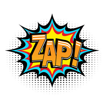 Zap comic book speech bubble, loud explosion sound effect. Superhero. Halftone