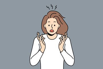 Stunned young woman feeling shocked and scared with unexpected news or message. Shocked girl terrified or astonished show emotions. Vector illustration. 
