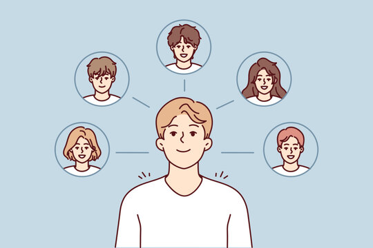 Young guy thinks about college friends and wants to meet or have party together. Faces of boys and girls of high school students near student with smile remembering classmates. Flat vector image