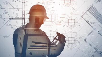 Silhouette of an engineer in a protective helmet while working against the background of the structure of information. The idea of data processing in engineering
