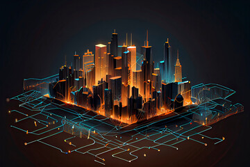 Smart city low poly wireframe on dark background.City hi tech abstract