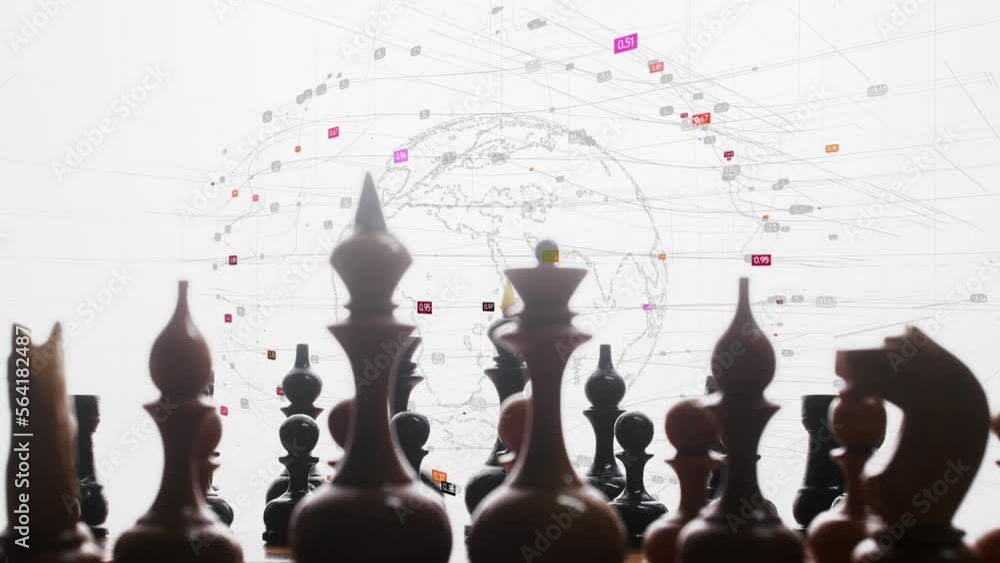 Aufkleber Digital graphics move around a schematic globe. Rows of chess pieces move against their background. Footage computer graphics and video. Playing with the life of the globe for financial gain