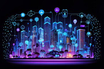 Concept of smart city with IoT. Digital hologram of smart city