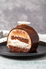 Layered Chocolate Cake on a Stone Background. A slice of delicious portion chocolate cake. close up