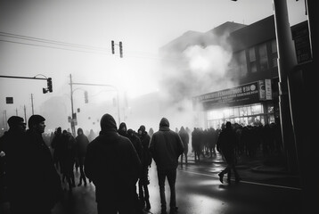 Riot on the street with smoke around, Generative Ai - obrazy, fototapety, plakaty