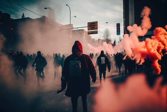 Riot on the street with smoke around, Generative Ai
