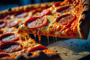 A pepperoni pizza with melted mozzarella cheese and herbs, Generative AI