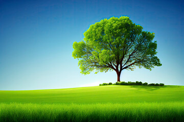 Fototapeta na wymiar Green field, tree and blue sky.Great as a background