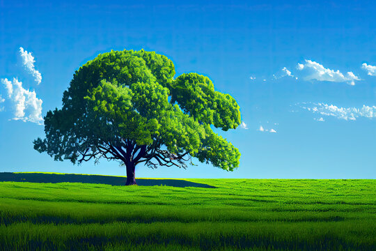 Green field, tree and blue sky.Great as a background