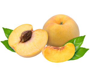 Naklejka na ściany i meble Sweet Yellow Peach fruit with leaf on white background, Fresh Peach on White Background PNG File.