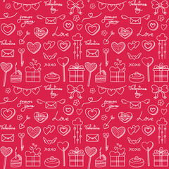 Valentines day vector seamless pattern. Doodle hand drawn illustration of cute romantic love background..