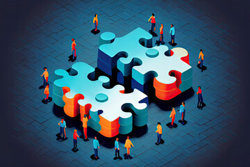 People in an isometric perspective link puzzle pieces. teamwork