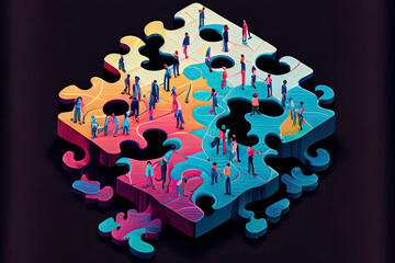 People in an isometric perspective link puzzle pieces. teamwork