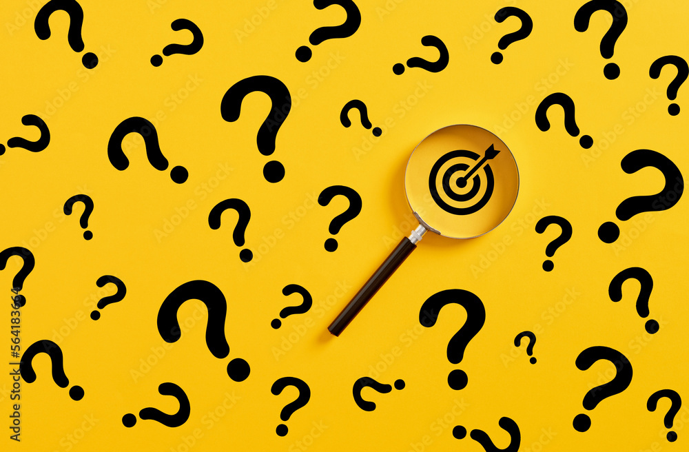 Poster finding and focusing on the target goals or business objectives. magnifying glass magnifies the targ