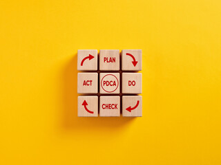 PDCA Plan Do Check and Act cycle on wooden cubes. Business action strategy and goal to corporate...