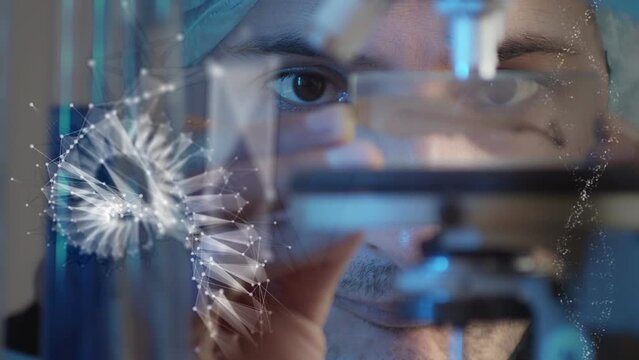 Footage computer graphics and video. Different chains of blue DNA with shiny patches rotate against the background of a male laboratory assistant with a microscope