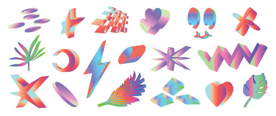 Set of 3d geometric shapes vector. Colorful holographic retro pop art design of geometric realistic element icon, star, heart, grid, leaf, comic face. Design for logo template, banner, decoration.
