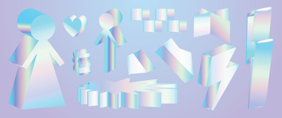 Set of 3d geometric shapes vector. Colorful holographic retro pop art design of geometric realistic element icon, human sign, lightning bolt, heart. Design for logo template, banner, decoration.