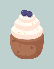 Isolated vector illustration of cupcake with blueberry and cream frosting. For decorating Christmas, birthday, Valentine's Day gift wrap, icons, stickers.