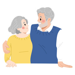 Illustration of old woman and old man happy hugging and looking at each other