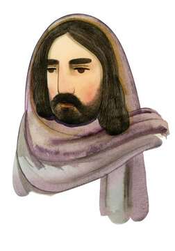 recommend clip art: A hand-drawn watercolor illustration or drawing of the face of Jesus Christ, an isolated male portrait on a white background, an apostle.