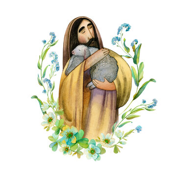 Jesus Christ the Good Shepherd, Jesus with a sheep in his arms wearing a wreath of flowers. Christian illustration.