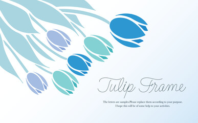コピースペースのあるシンプルな可愛い春のお花のチューリップフレームのベクター素材_寒色青系グラデーション_横長