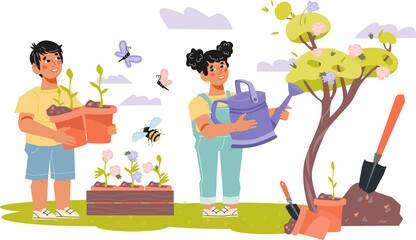 Obraz na płótnie Canvas Children gardening and planting flowers. Children characters for spring holiday cards and activity.