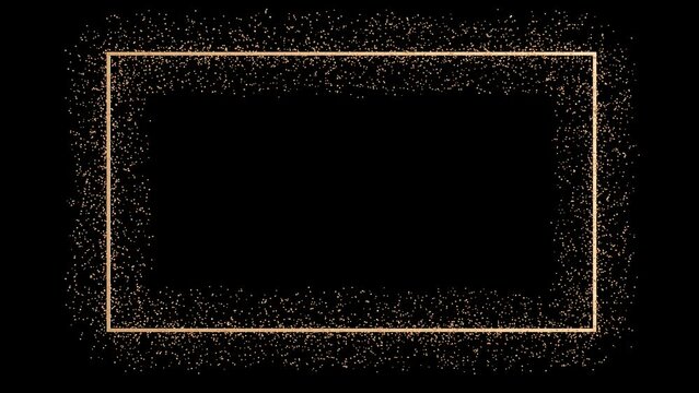 Golden rectangular frame with glitter, shiny particles on black background. Copy space for text or logo. Party, Merry Christmas, New year decoration. Design element. 3D animation.