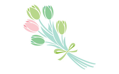 シンプルな春のお花のチューリップの花束イラスト_ベクター素材_緑ピンク_透過PNG