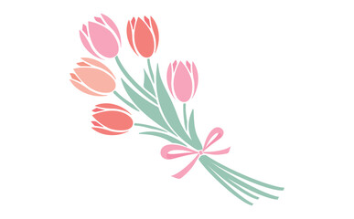 シンプルな春のお花のチューリップの花束イラスト_ベクター素材_ピンク赤色_透過PNG