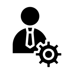 Isolated businessman with cogwheel in solid glyph icon on white background. manager, office worker, leader, employee, avatar, profile