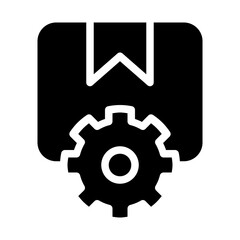 Isolated package with gear in solid glyph icon on white background. Cardboard box, product, cogwheel, development, logistic