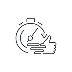 Stopwatch and thumbs up.Fast, successful execution, implementation.Vector linear icon isolated on white background