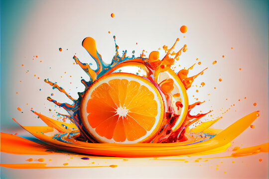 Colorful orange slices splashing in a water, abstract fluid exploding creativity, crazy background with splashes, multicolor liquid effect. 