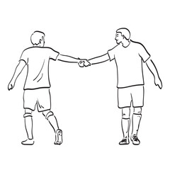 line art full length of soccer player with handshake after match illustration vector hand drawn isolated on white background