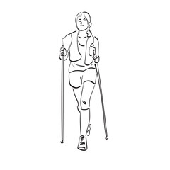 Fototapeta premium line art woman using hiking poll to walk illustration vector hand drawn isolated on white backgroun
