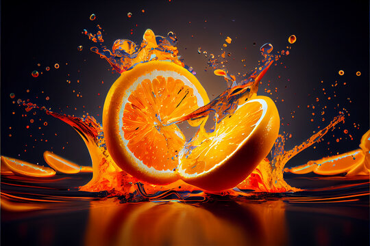 Colorful orange slices splashing in a water, abstract fluid exploding creativity, crazy background with splashes, multicolor liquid effect. 